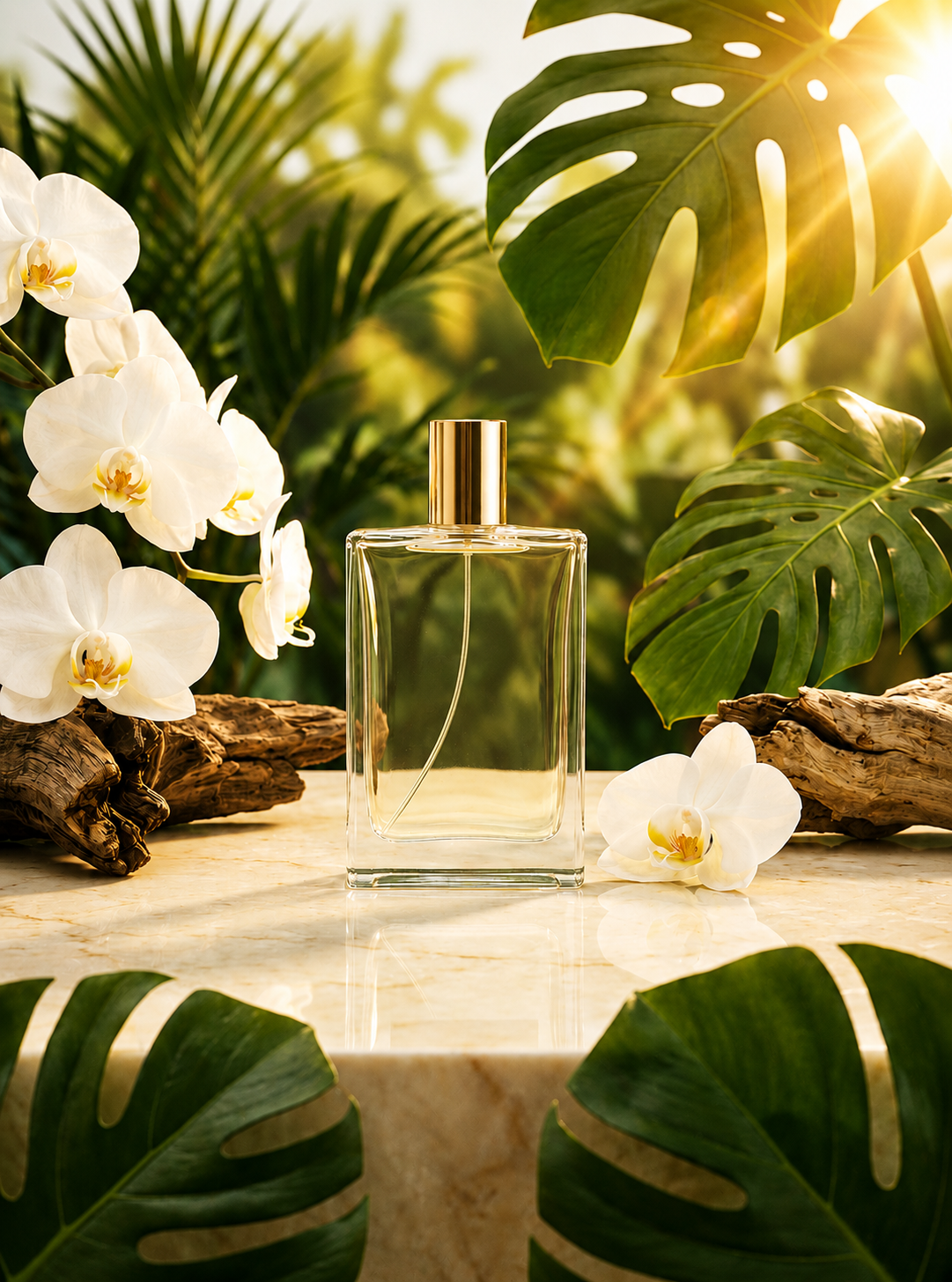 Frasco de perfume ÉléganceBrasil entre orquídeas brancas e folhagens tropicais sob luz dourada